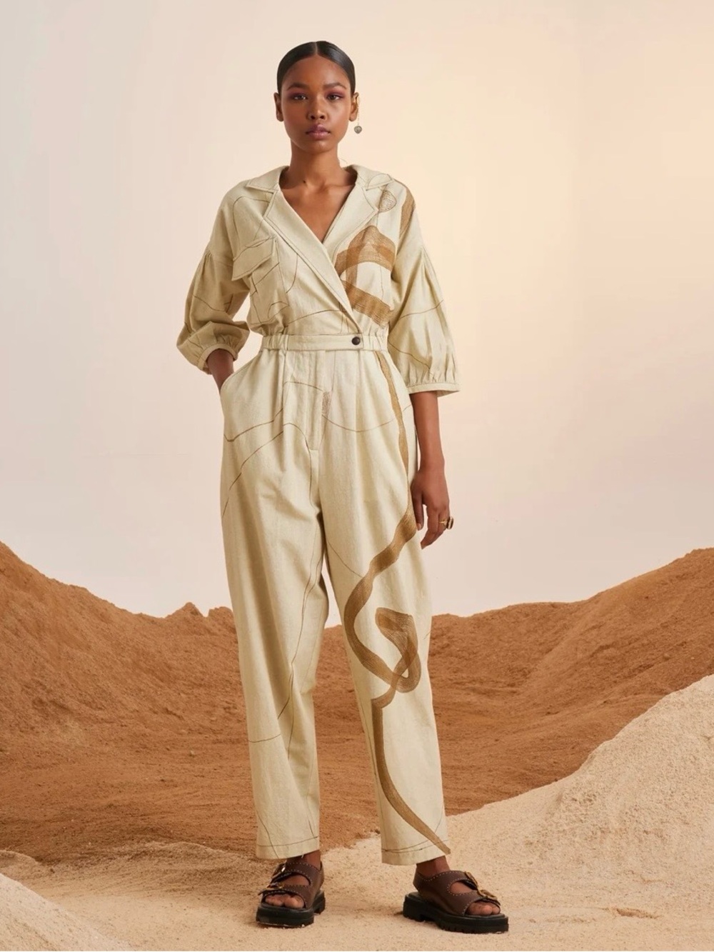 Cord Studio India Summer Jumpsuit Topstitch Trail Crinkle Cotton
